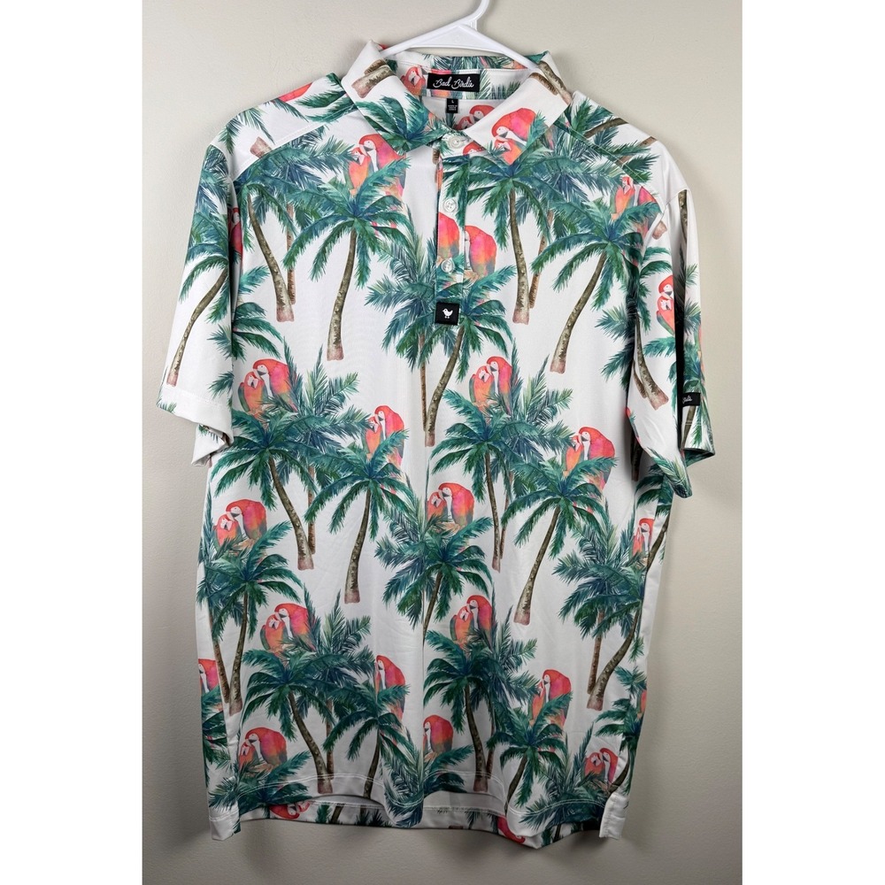 Bad Birdie Mens Golf‎ Polo Shirt Large White Tropical Palm Parrot Performance L